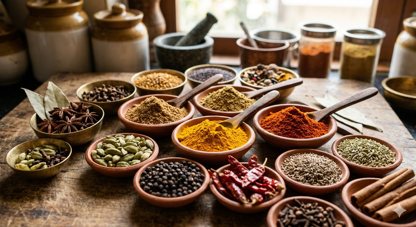Selection of Indian spices and grocery staples